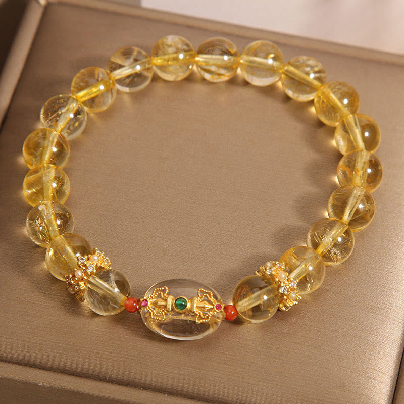 Bracciale di buon auspicio con perle di quarzo rutilato dorato naturale Buddha Stones