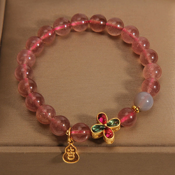 Braccialetto curativo Buddha Stones, Quarzo Fragola, Quadrifoglio, Zucca Portafortuna