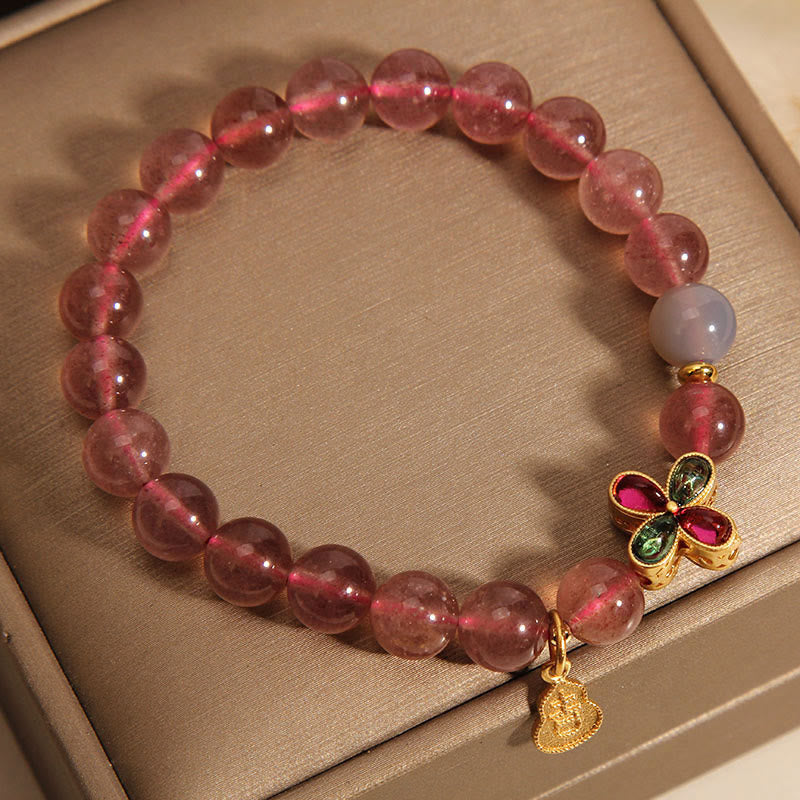 Braccialetto curativo Buddha Stones, Quarzo Fragola, Quadrifoglio, Zucca Portafortuna