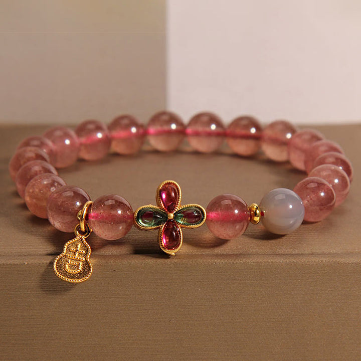 Braccialetto curativo Buddha Stones, Quarzo Fragola, Quadrifoglio, Zucca Portafortuna