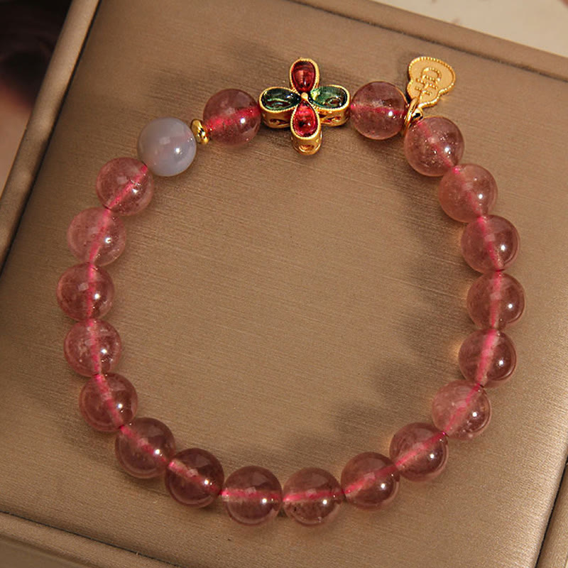 Braccialetto curativo Buddha Stones, Quarzo Fragola, Quadrifoglio, Zucca Portafortuna