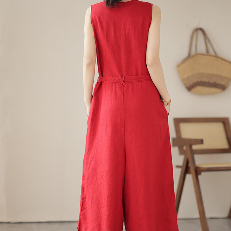 Tuta da donna in cotone e lino con tasche, modello casual, allacciata e senza maniche, modello Buddha Stones - image 9