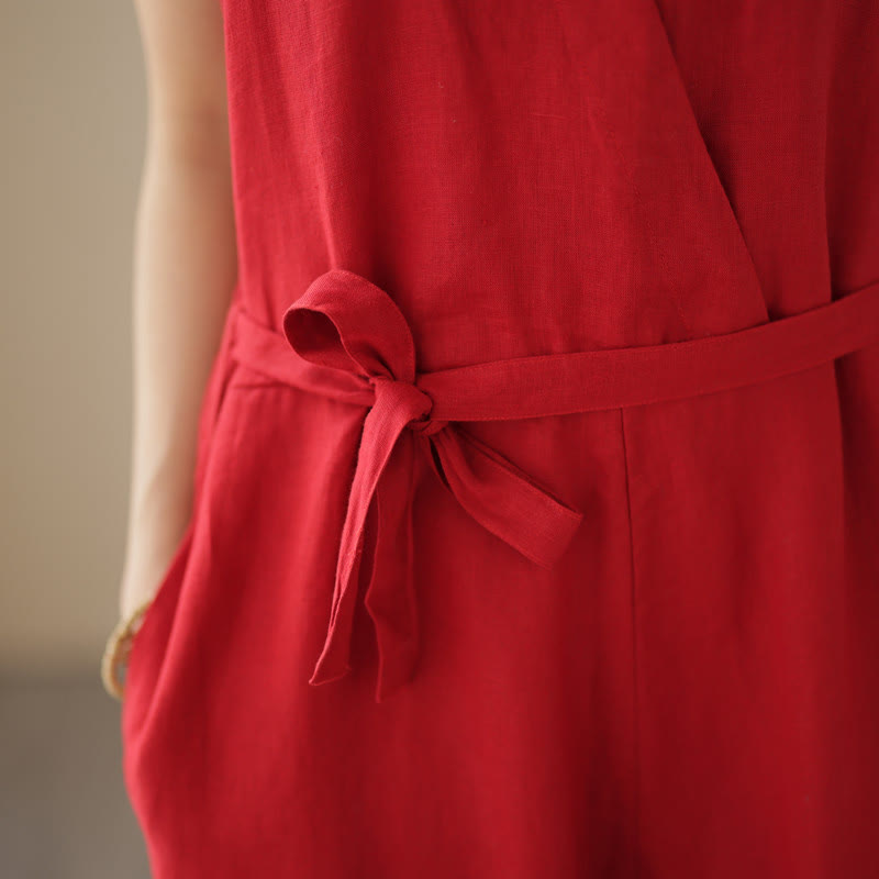 Tuta da donna in cotone e lino con tasche, modello casual, allacciata e senza maniche, modello Buddha Stones - image 15