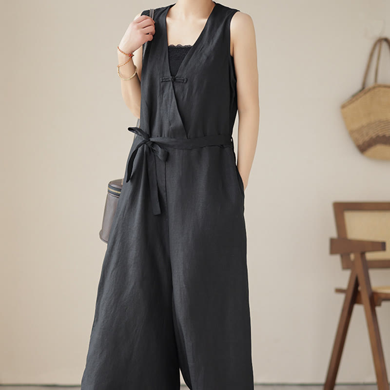 Tuta da donna in cotone e lino con tasche, modello casual, allacciata e senza maniche, modello Buddha Stones - image 19