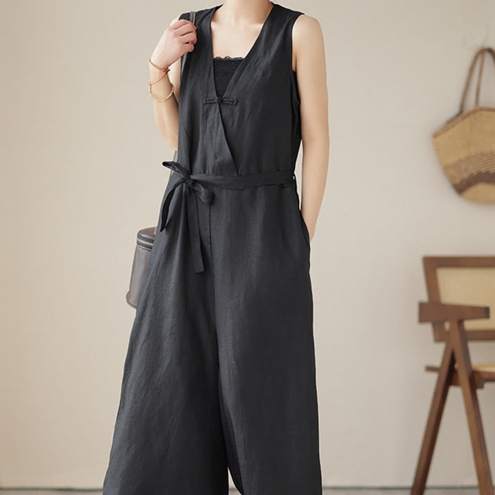 Tuta da donna in cotone e lino con tasche, modello casual, allacciata e senza maniche, modello Buddha Stones - image 19