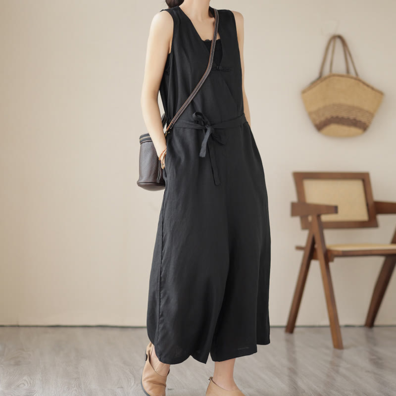 Tuta da donna in cotone e lino con tasche, modello casual, allacciata e senza maniche, modello Buddha Stones - Nero - US14, UK/AU18, EU46 (2XL) - image 16