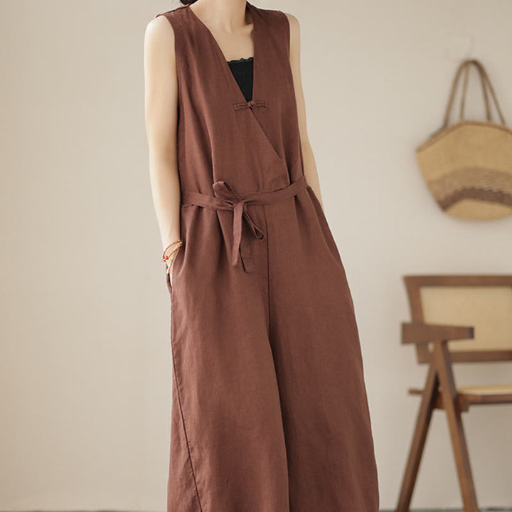 Tuta da donna in cotone e lino con tasche, modello casual, allacciata e senza maniche, modello Buddha Stones - image 5