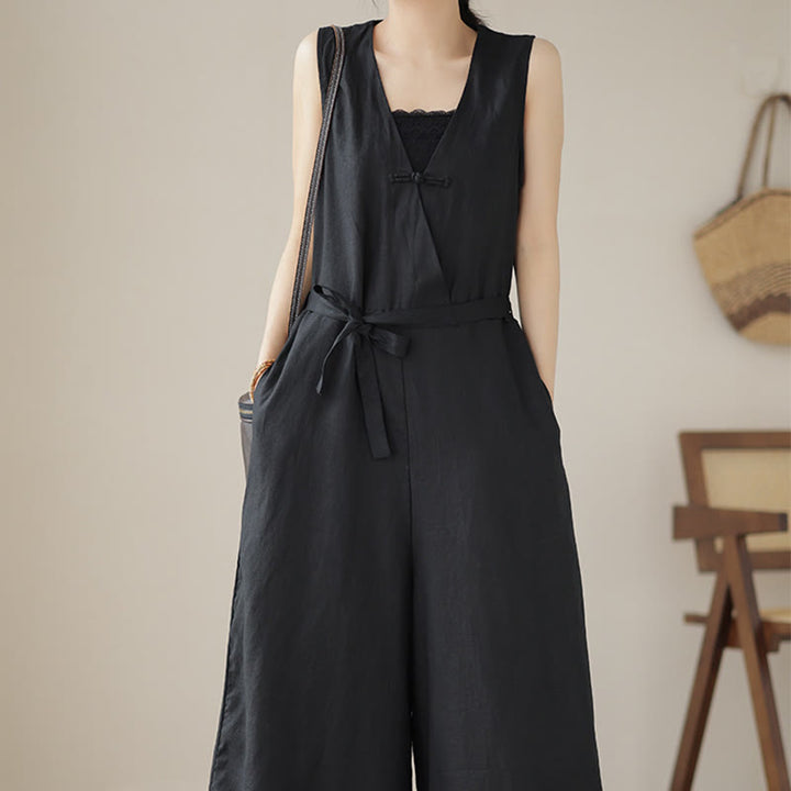 Tuta da donna in cotone e lino con tasche, modello casual, allacciata e senza maniche, modello Buddha Stones - image 21