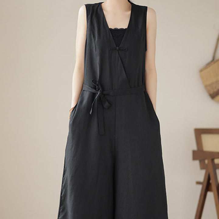 Tuta da donna in cotone e lino con tasche, modello casual, allacciata e senza maniche, modello Buddha Stones - image 18