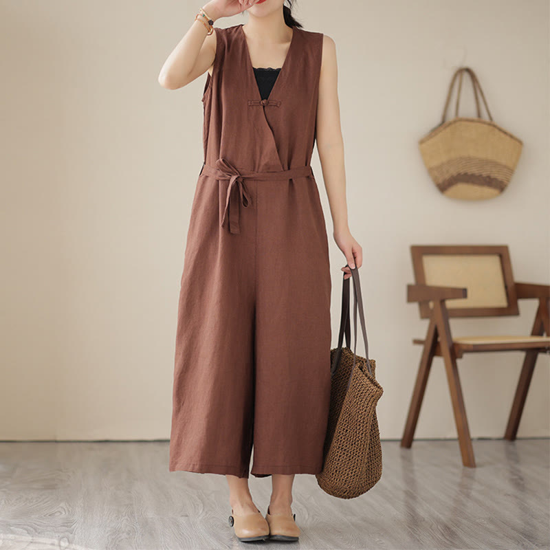 Tuta da donna in cotone e lino con tasche, modello casual, allacciata e senza maniche, modello Buddha Stones - Marrone sella - US14, UK/AU18, EU46 (2XL) - image 0