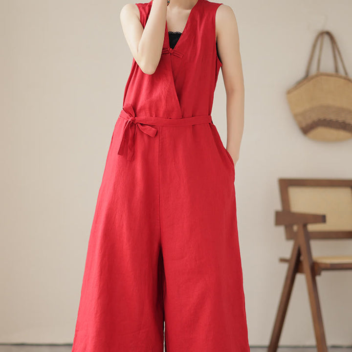 Tuta da donna in cotone e lino con tasche, modello casual, allacciata e senza maniche, modello Buddha Stones - image 10