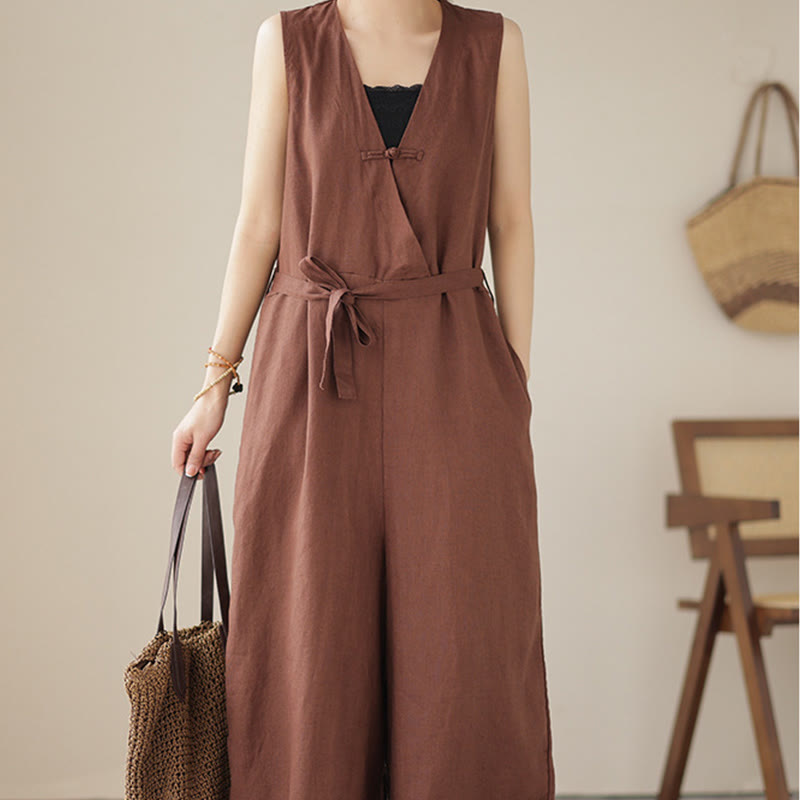 Tuta da donna in cotone e lino con tasche, modello casual, allacciata e senza maniche, modello Buddha Stones - image 1