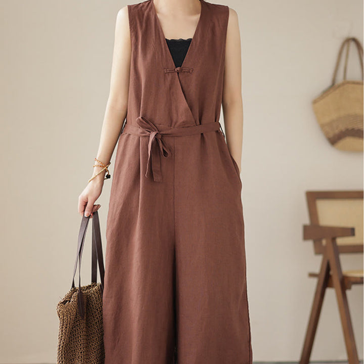 Tuta da donna in cotone e lino con tasche, modello casual, allacciata e senza maniche, modello Buddha Stones - image 1