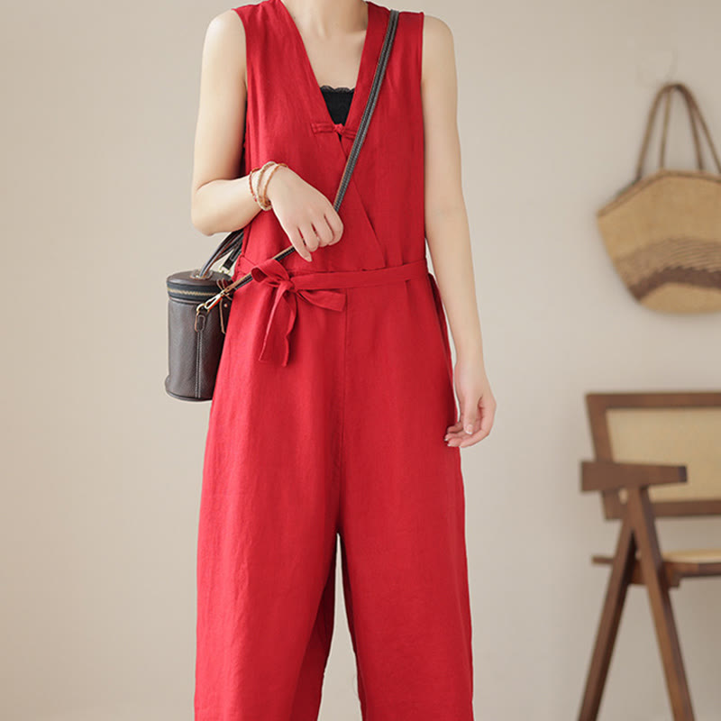 Tuta da donna in cotone e lino con tasche, modello casual, allacciata e senza maniche, modello Buddha Stones - image 11