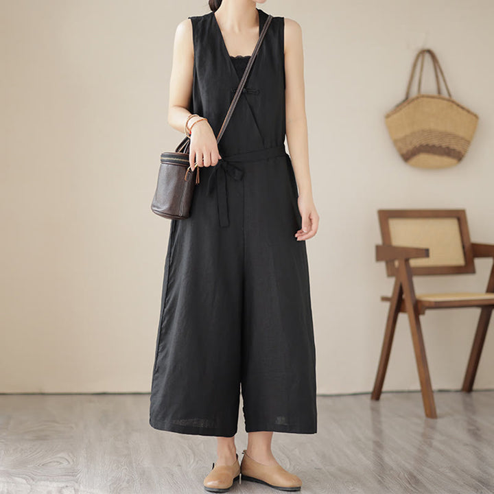 Tuta da donna in cotone e lino con tasche, modello casual, allacciata e senza maniche, modello Buddha Stones - image 17