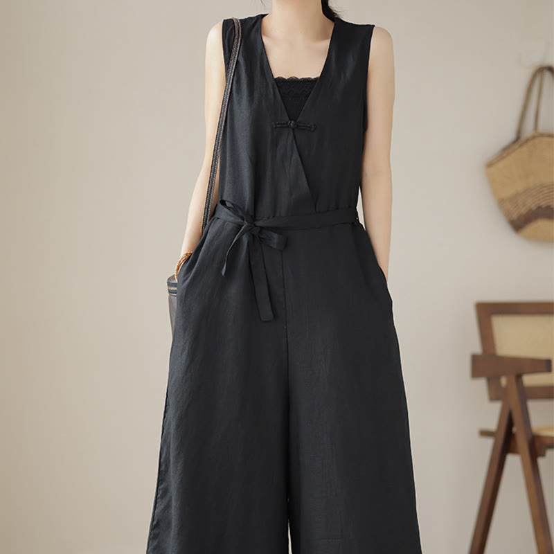 Tuta da donna in cotone e lino con tasche, modello casual, allacciata e senza maniche, modello Buddha Stones - image 21