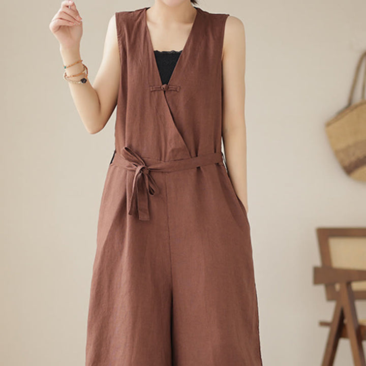 Tuta da donna in cotone e lino con tasche, modello casual, allacciata e senza maniche, modello Buddha Stones - image 2