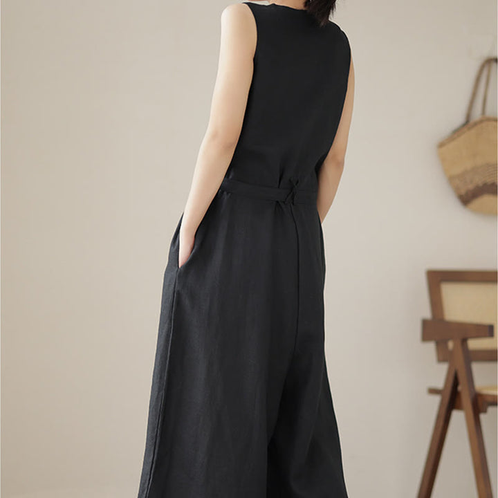 Tuta da donna in cotone e lino con tasche, modello casual, allacciata e senza maniche, modello Buddha Stones - image 20