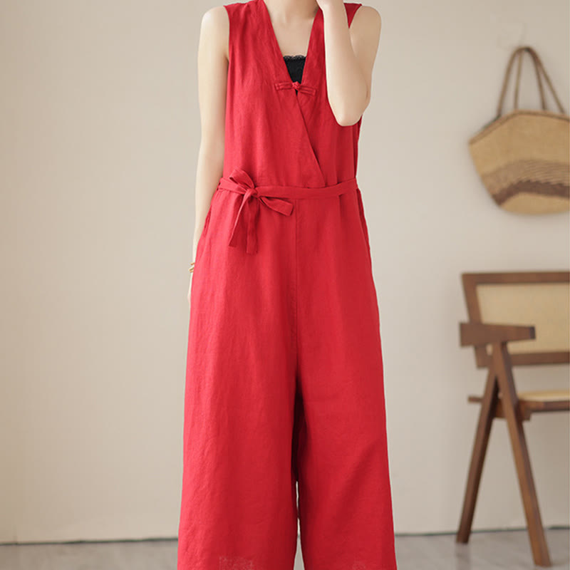 Tuta da donna in cotone e lino con tasche, modello casual, allacciata e senza maniche, modello Buddha Stones - image 8