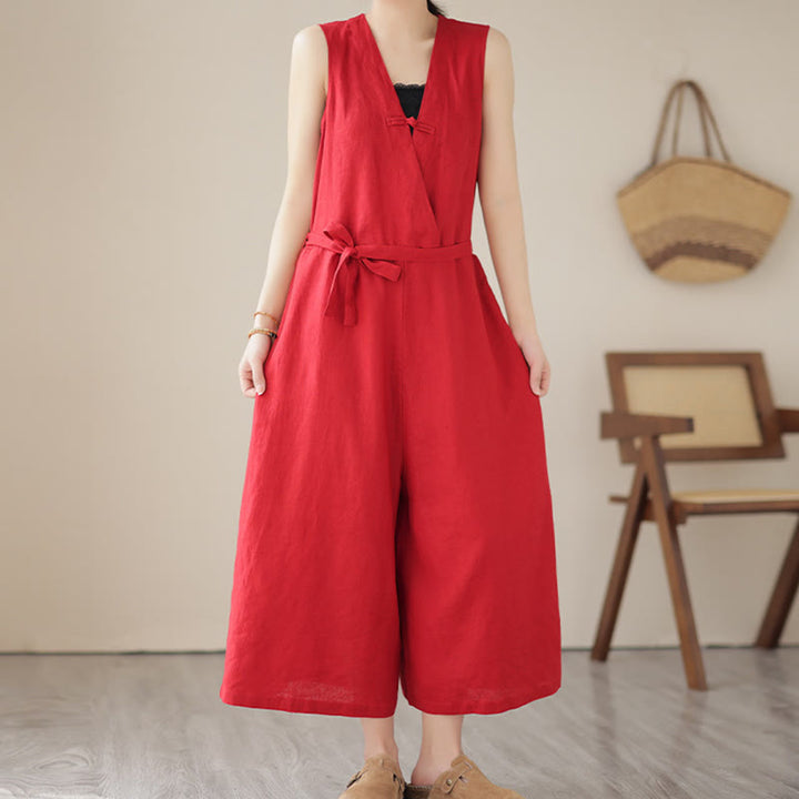 Tuta da donna in cotone e lino con tasche, modello casual, allacciata e senza maniche, modello Buddha Stones - Rosso - US14, UK/AU18, EU46 (2XL) - image 6