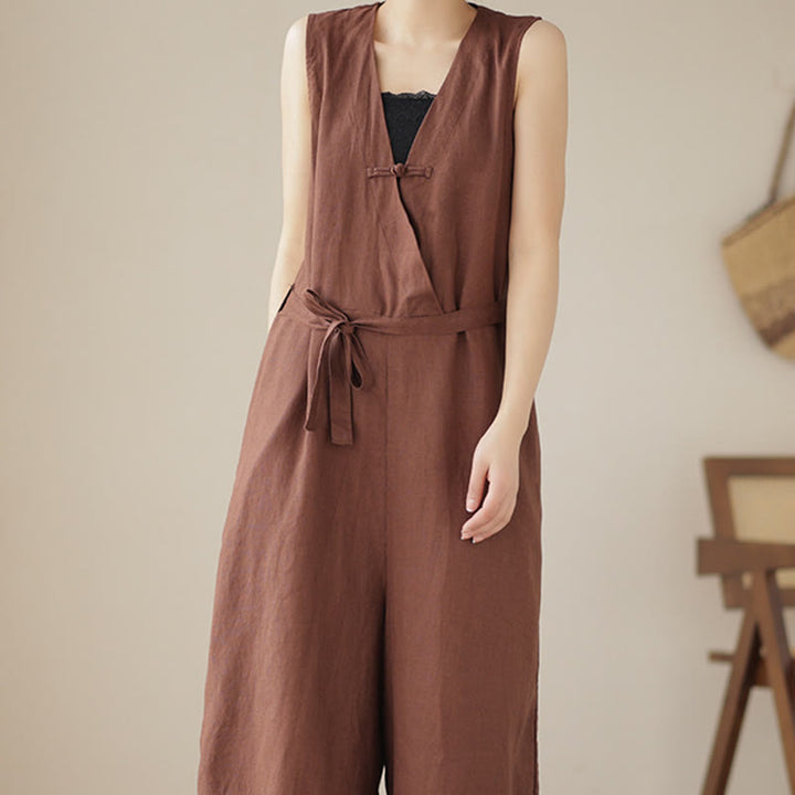 Tuta da donna in cotone e lino con tasche, modello casual, allacciata e senza maniche, modello Buddha Stones - image 3