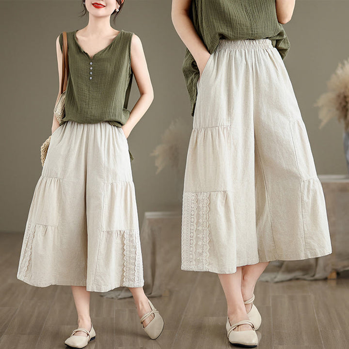 Pantaloni da donna in lino e cotone con tasche, a gamba larga, con pizzi semplici e casual, modello Buddha Stones - image 10