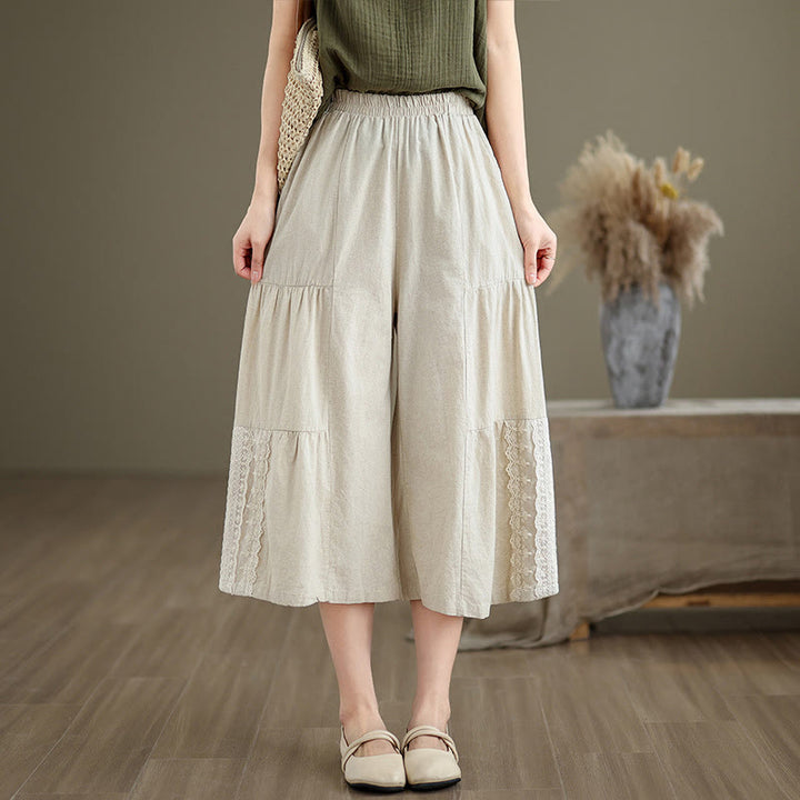 Pantaloni da donna in lino e cotone con tasche, a gamba larga, con pizzi semplici e casual, modello Buddha Stones - image 3