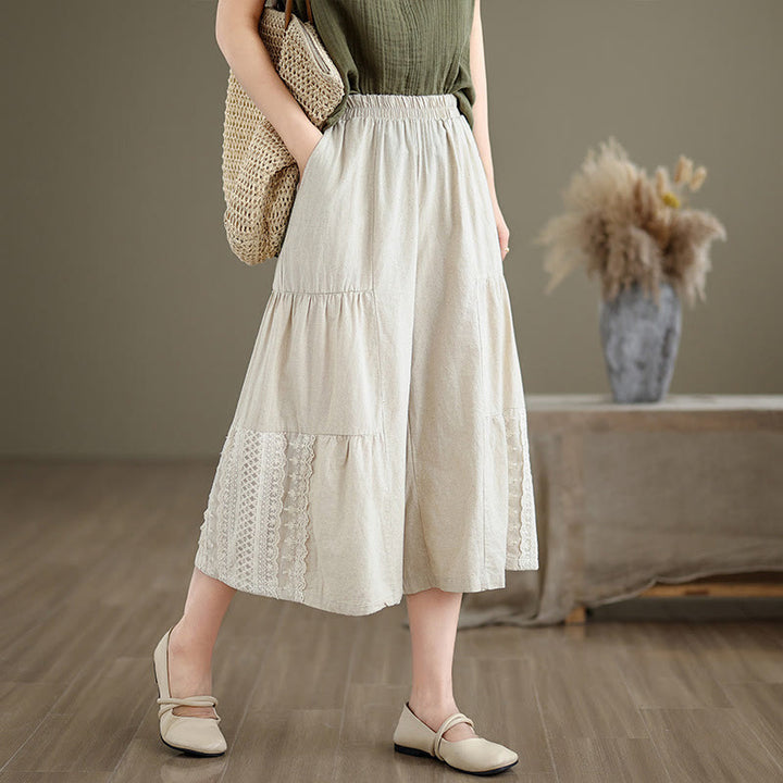 Pantaloni da donna in lino e cotone con tasche, a gamba larga, con pizzi semplici e casual, modello Buddha Stones - Beige - US8-10, UK/AU12-14, EU40-42 (2XL) - image 0