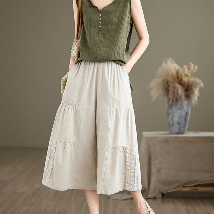Pantaloni da donna in lino e cotone con tasche, a gamba larga, con pizzi semplici e casual, modello Buddha Stones - image 1