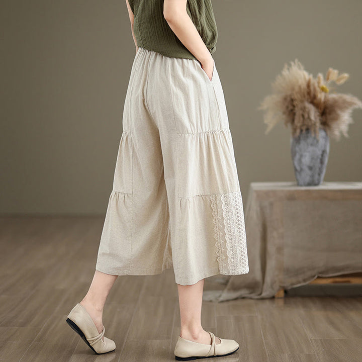 Pantaloni da donna in lino e cotone con tasche, a gamba larga, con pizzi semplici e casual, modello Buddha Stones - image 4