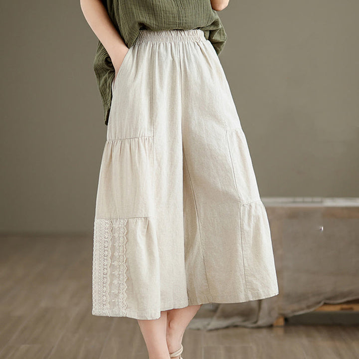 Pantaloni da donna in lino e cotone con tasche, a gamba larga, con pizzi semplici e casual, modello Buddha Stones - image 5