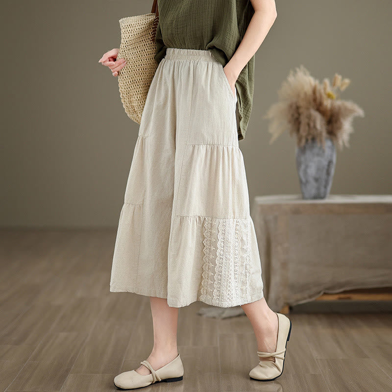 Pantaloni da donna in lino e cotone con tasche, a gamba larga, con pizzi semplici e casual, modello Buddha Stones - image 2