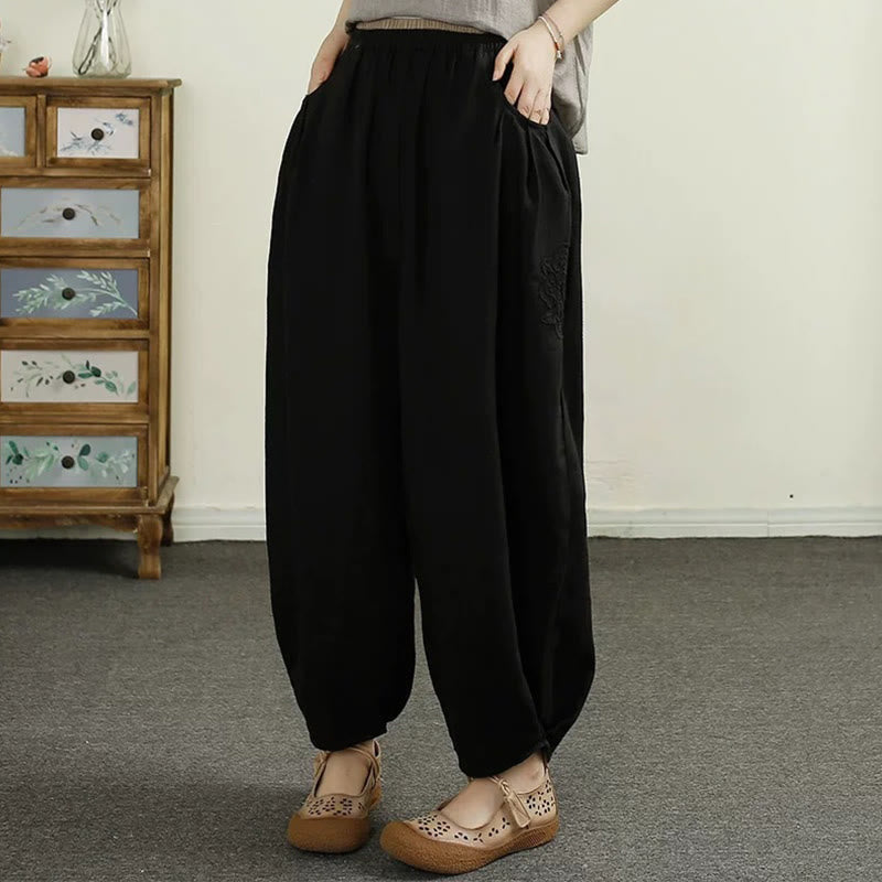 Pantaloni harem da donna in cotone e lino con ricamo vintage Buddha Stones, lunghezza 7-8, con tasche - Nero - US6, UK/AU10, EU38 (XL) - image 10