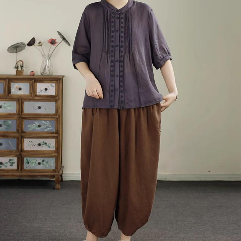Pantaloni harem da donna in cotone e lino con ricamo vintage Buddha Stones, lunghezza 7-8, con tasche - image 17