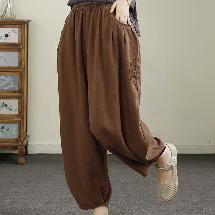 Pantaloni harem da donna in cotone e lino con ricamo vintage Buddha Stones, lunghezza 7-8, con tasche - image 15