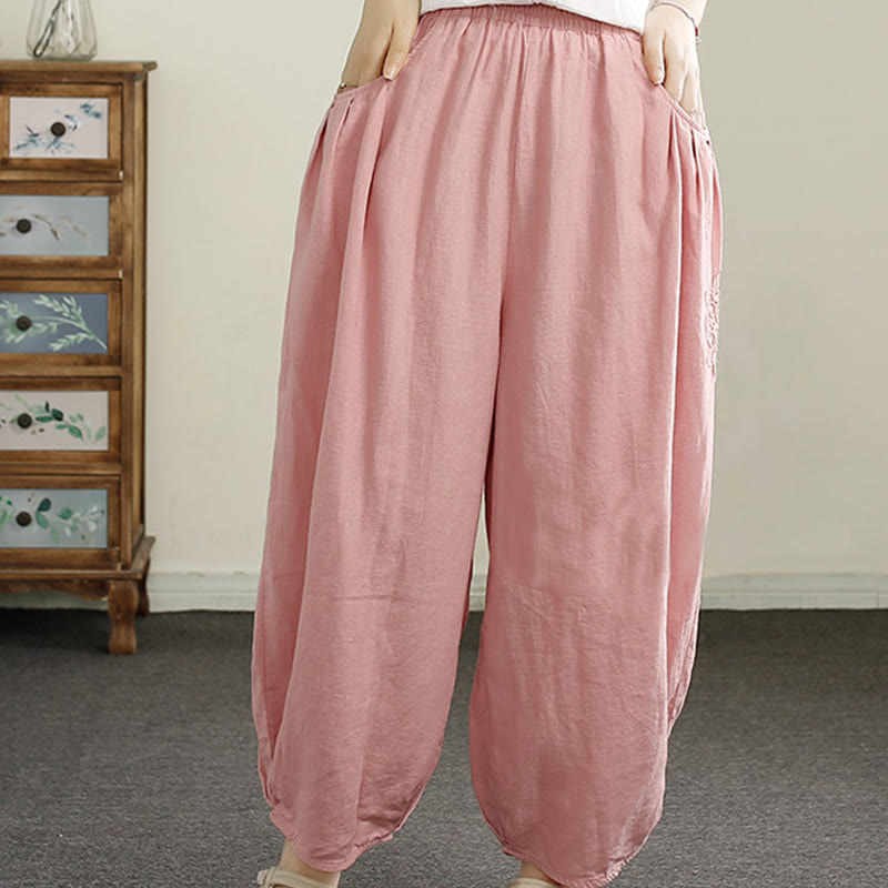 Pantaloni harem da donna in cotone e lino con ricamo vintage Buddha Stones, lunghezza 7-8, con tasche - image 19