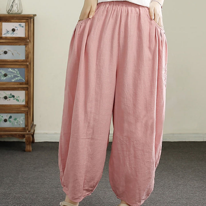 Pantaloni harem da donna in cotone e lino con ricamo vintage Buddha Stones, lunghezza 7-8, con tasche - image 19