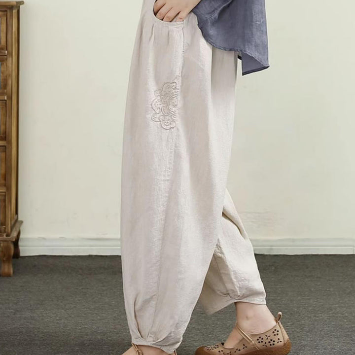 Pantaloni harem da donna in cotone e lino con ricamo vintage Buddha Stones, lunghezza 7-8, con tasche - image 1