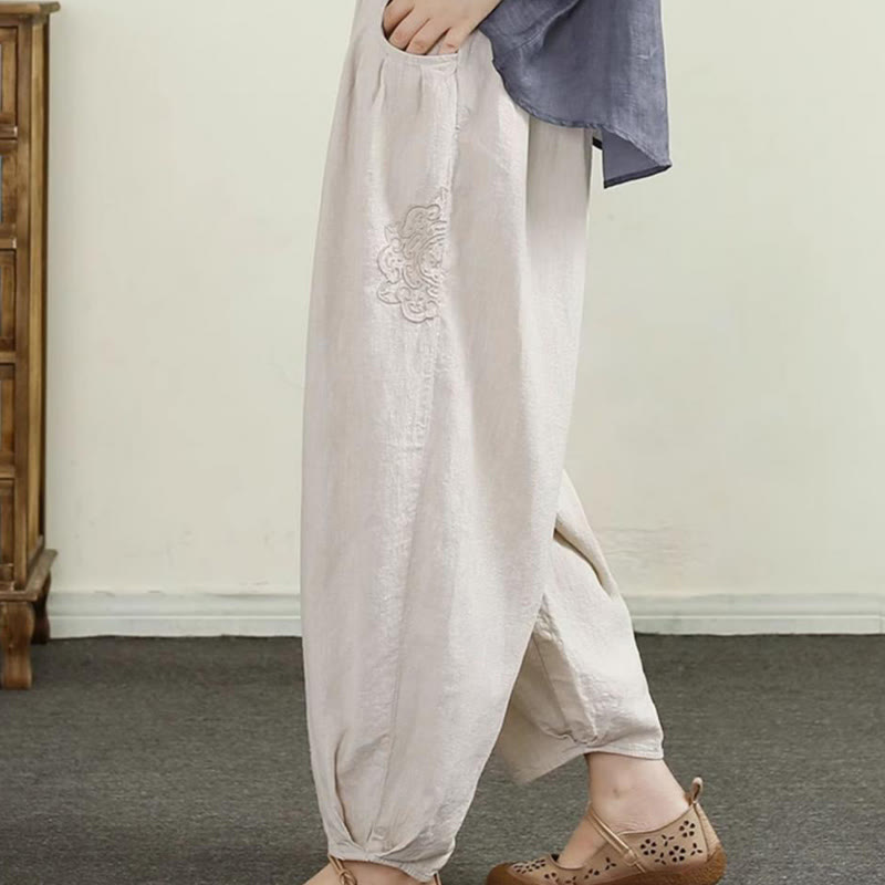 Pantaloni harem da donna in cotone e lino con ricamo vintage Buddha Stones, lunghezza 7-8, con tasche - image 1