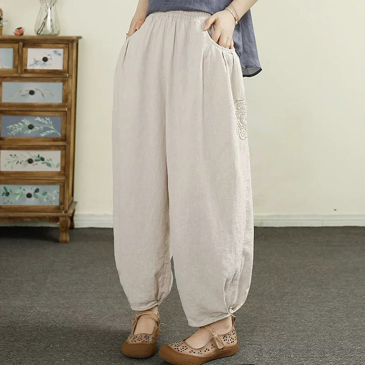 Pantaloni harem da donna in cotone e lino con ricamo vintage Buddha Stones, lunghezza 7-8, con tasche - Beige - US6, UK/AU10, EU38 (XL) - image 0