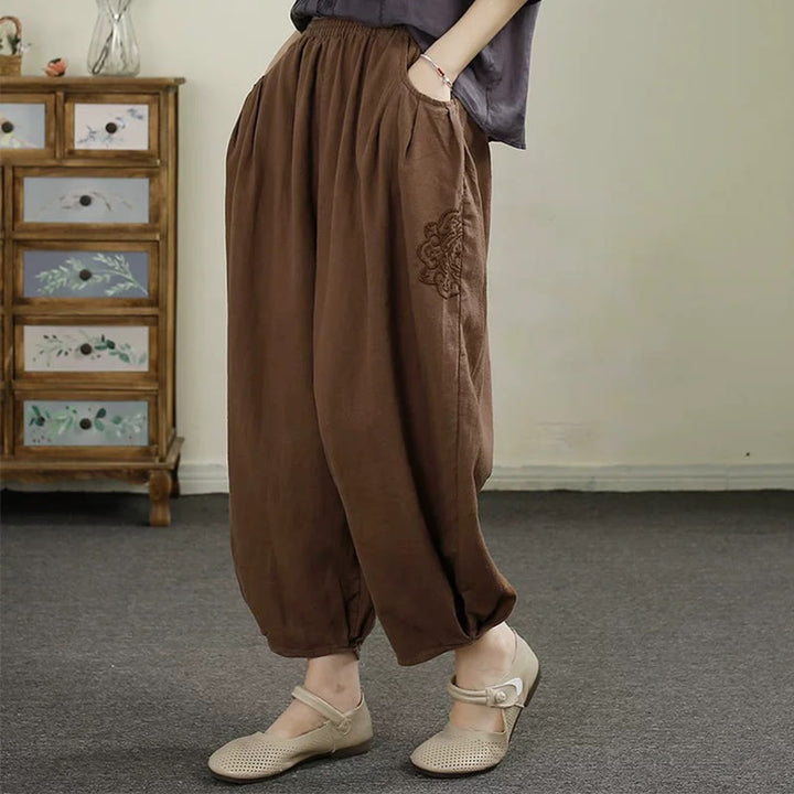 Pantaloni harem da donna in cotone e lino con ricamo vintage Buddha Stones, lunghezza 7-8, con tasche - Siena - US6, UK/AU10, EU38 (XL) - image 14