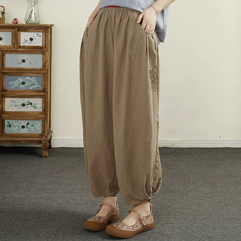 Pantaloni harem da donna in cotone e lino con ricamo vintage Buddha Stones, lunghezza 7-8, con tasche - Tan - US6, UK/AU10, EU38 (XL) - image 12