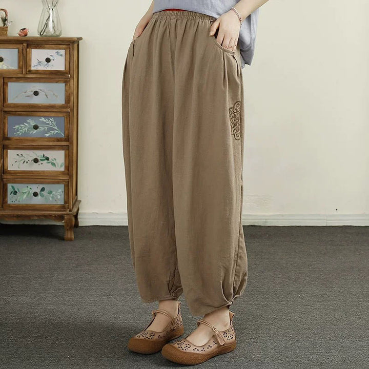 Pantaloni harem da donna in cotone e lino con ricamo vintage Buddha Stones, lunghezza 7-8, con tasche - Tan - US6, UK/AU10, EU38 (XL) - image 12