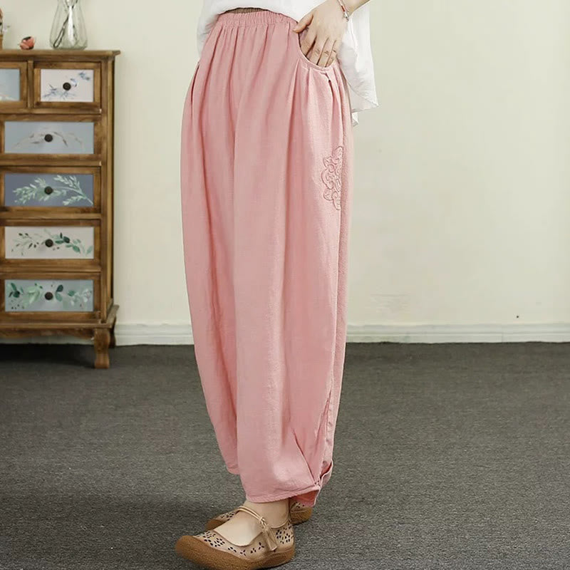 Pantaloni harem da donna in cotone e lino con ricamo vintage Buddha Stones, lunghezza 7-8, con tasche - Rosa chiaro - US6, UK/AU10, EU38 (XL) - image 18