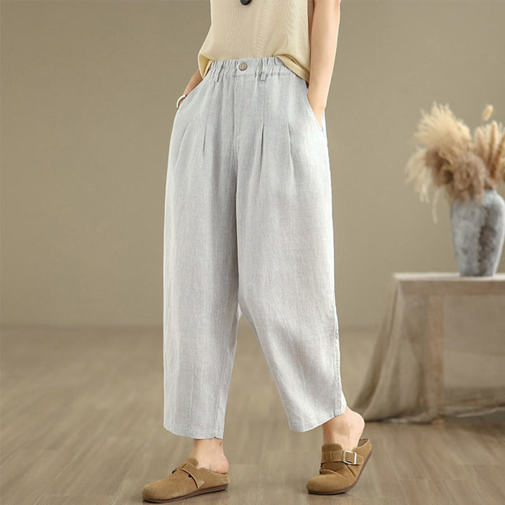 Pantaloni harem da donna in cotone e lino, casual, estivi, a tinta unita, con tasche, a vita alta , Buddha Stones