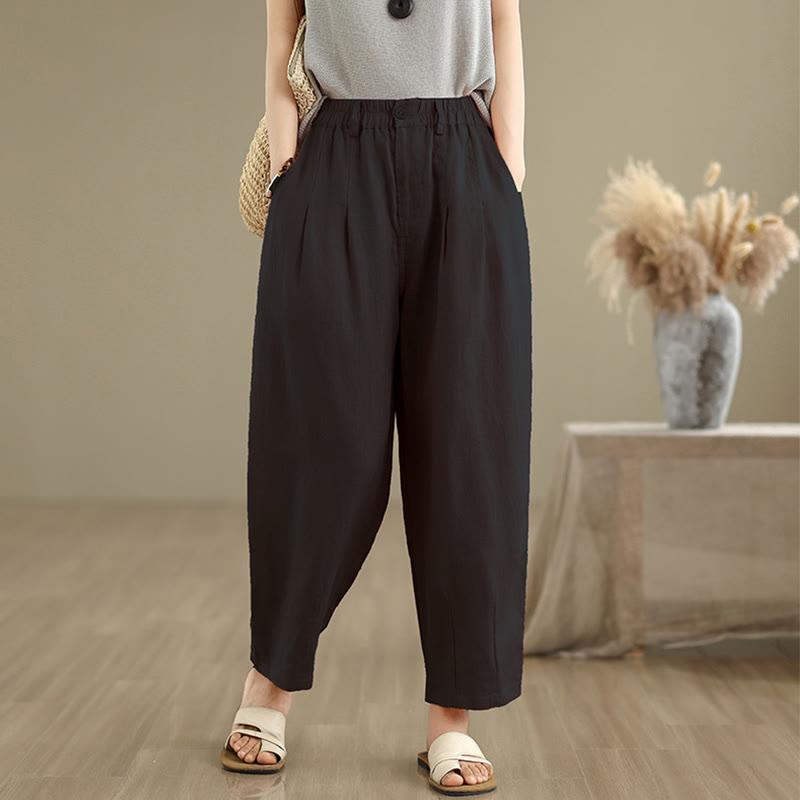 Pantaloni harem da donna in cotone e lino, casual, estivi, a tinta unita, con tasche, a vita alta , Buddha Stones