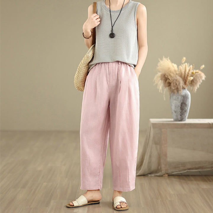 Pantaloni harem da donna in cotone e lino, casual, estivi, a tinta unita, con tasche, a vita alta , Buddha Stones
