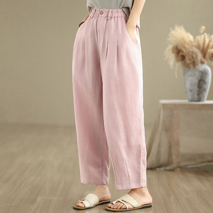 Pantaloni harem da donna in cotone e lino, casual, estivi, a tinta unita, con tasche, a vita alta , Buddha Stones