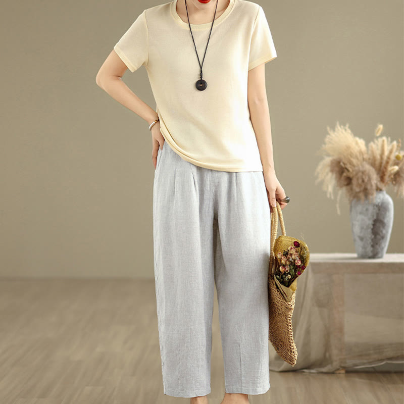 Pantaloni harem da donna in cotone e lino, casual, estivi, a tinta unita, con tasche, a vita alta , Buddha Stones