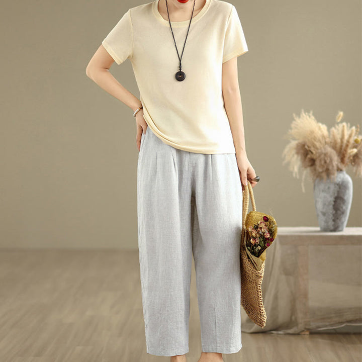 Pantaloni harem da donna in cotone e lino, casual, estivi, a tinta unita, con tasche, a vita alta , Buddha Stones